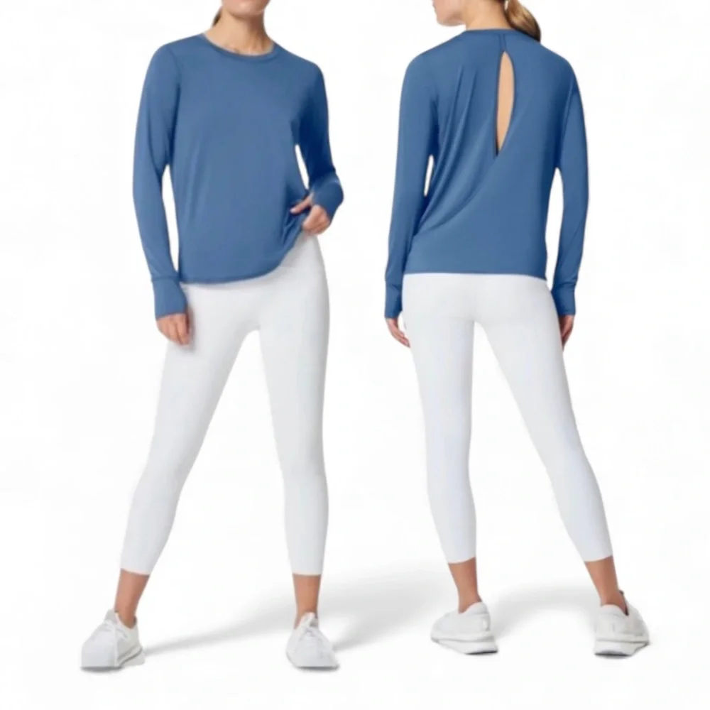 SPANX Soft Spot Wrap Back Indigo Haze Butter Long Sleeve T-Shirt Size M - Picture 1 of 16